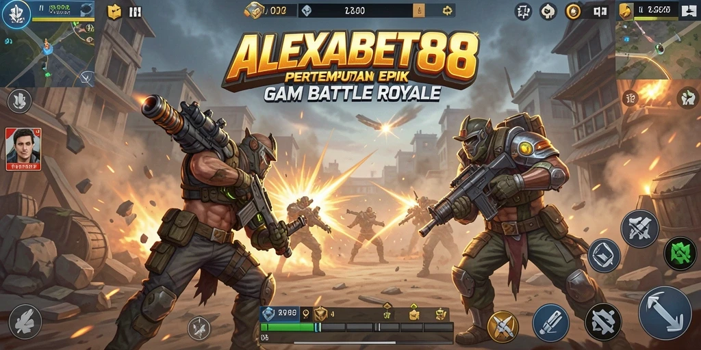 Screenshot menampilkan aksi pertempuran seru di ALEXABET88 dalam mode Battle Royale.