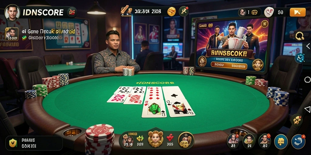 Tampilan gameplay seru Poker di IDNSCORE dengan banyak pemain.
