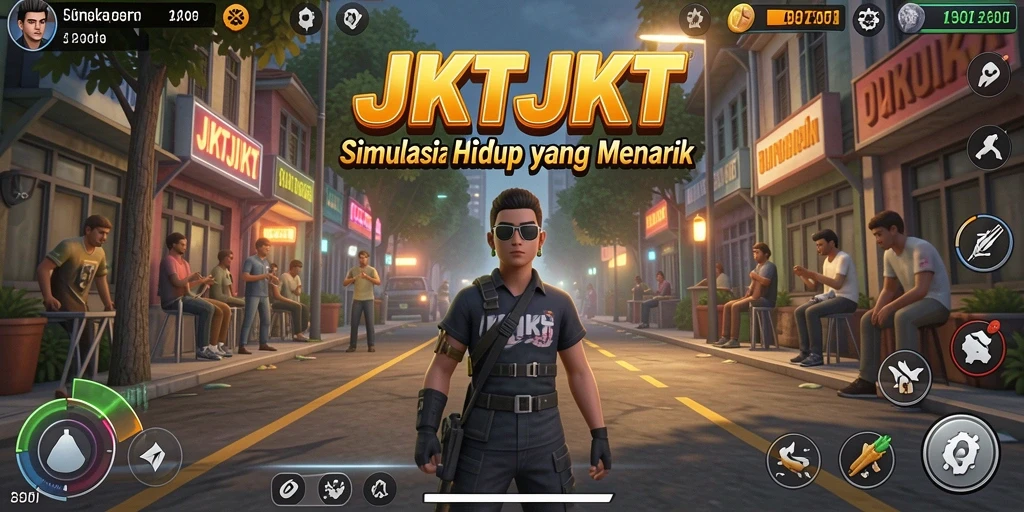 Tampilan gameplay interaktif JKTJKT yang menampilkan karakter dan lingkungan.