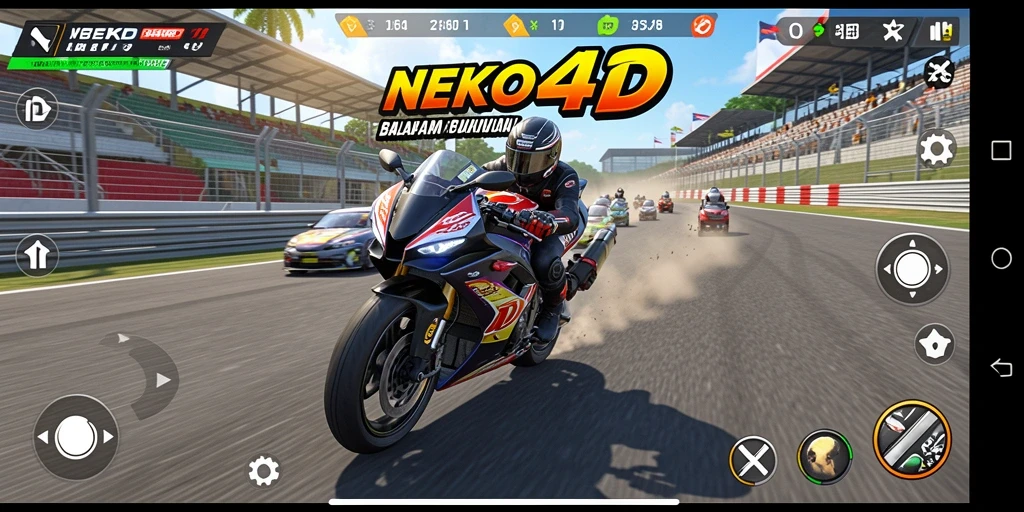 Tangkapan layar dari gameplay NEKO4D menunjukkan aksi balapan motor yang mendebarkan.