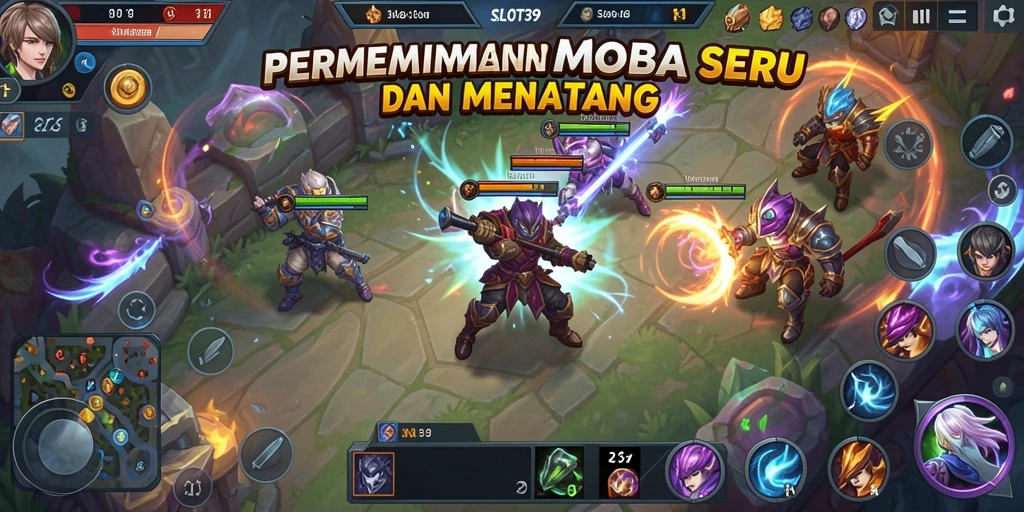 Screenshot permainan SLOT39 menampilkan aksi seru dalam pertempuran MOBA.