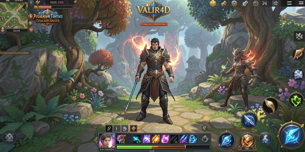 Tangkapan layar gameplay VALIR4D menunjukkan pertempuran yang seru dan lingkungan yang indah.